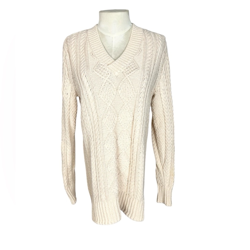 LL Bean Signature Fisherman Sweater V -Neck Cotton cableknit roomy XS cream
